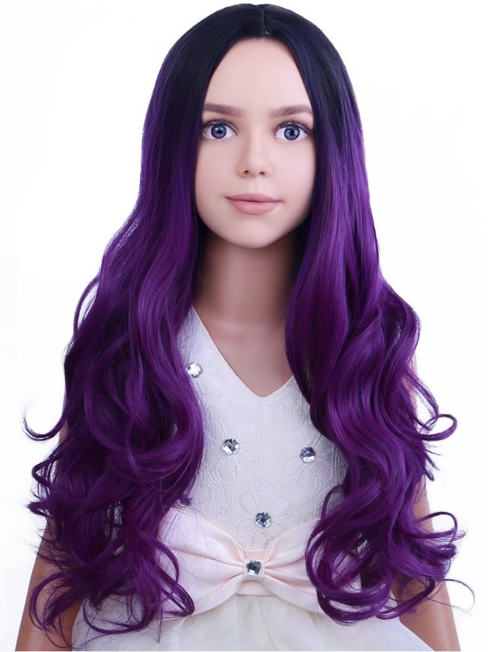 Kids Dark Purple Black Ombré Heat Resistant Wig Long Curly Wavy NWOT